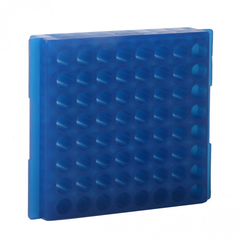 0082F Bio Plas 64-Well Reversible Microtube Rack, Fits 0.5, 1.5, 2.0mL Tubes, Fluorescent Blue