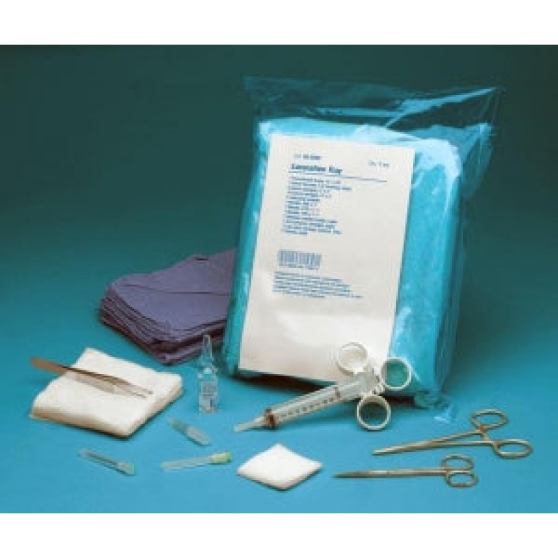Laceration Tray Includes: (1) Fenestrated Drape, 18" x 16", White; (1) Towel, Blue, Scrimm; (1) Iris, Sharp, Straight, 4.5"; (1) Adson Tissue Forceps, 1 x 2 Teeth, Straight, 4.75"; (1) Halstead Mosquito Forceps, Curved, 5", (1) Webster Needle Holder, Smoo