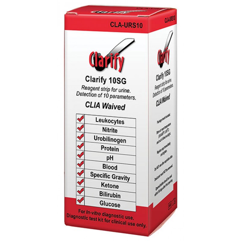 Clarity Diagnostics, LLC CLA-URS10 Clarify Urine Reagent Strips, 10SG, CLIA Waived, Visual Read Only, Tests for: Leukocytes, Nitrite, Urobilinogen, Protein, pH, Blood, Specific Gravity, Ketone, Bilirubin, & Glucose, 100 strips/bx