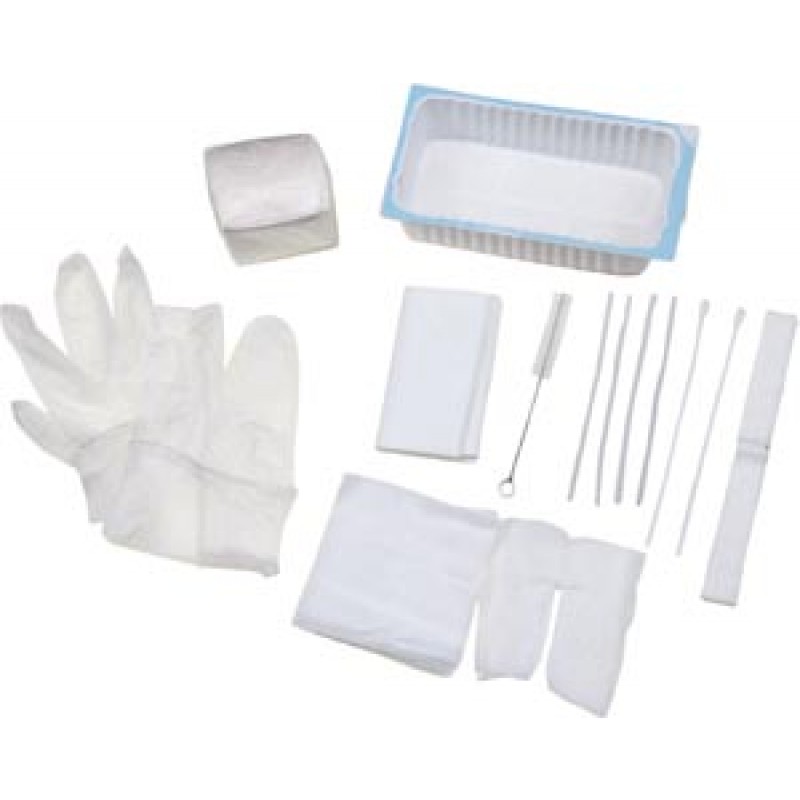 Amsino International, Inc. AS861 Tracheostomy Care Tray Contains: 2-Compartment Tray, Removable Inner Tray, Cleaning Brush, (4) 4x4 Gauze Sponges, Pipe Cleaner, Vinyl Gloves, (2) Cotton-Tip Applicators, Twill Tape, Trach Dressing, Waterproof Drape, 20/cs