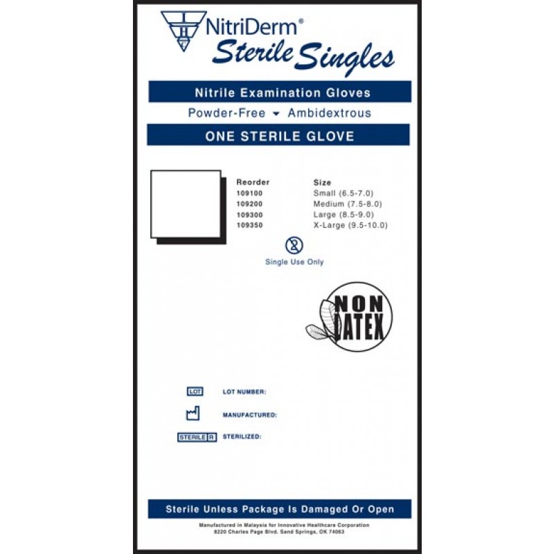 Innovative Healthcare Corp., Inc. 109300 Gloves, Exam, Large, Nitirle, Sterile, PF, Singles, 9" Cuff, 100/bx, 4 bx/cs