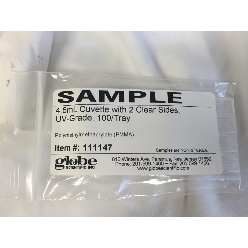 Globe Scientific 111147 Macro Cuvette, 4.5 mL, 10 mm, 280 - 800 nm, PMMA, 2 Clear Sides for Spectrophotometer (Case of 500)