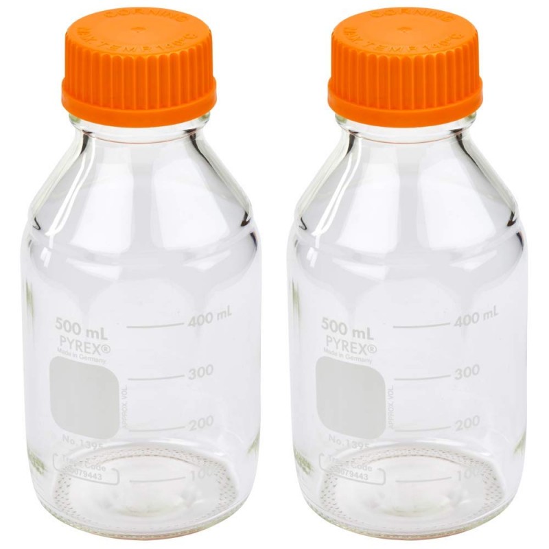 PYREX Corning 1395-500 500mL Round Media Storage Bottles, with GL45 Screw Cap, Case of 10