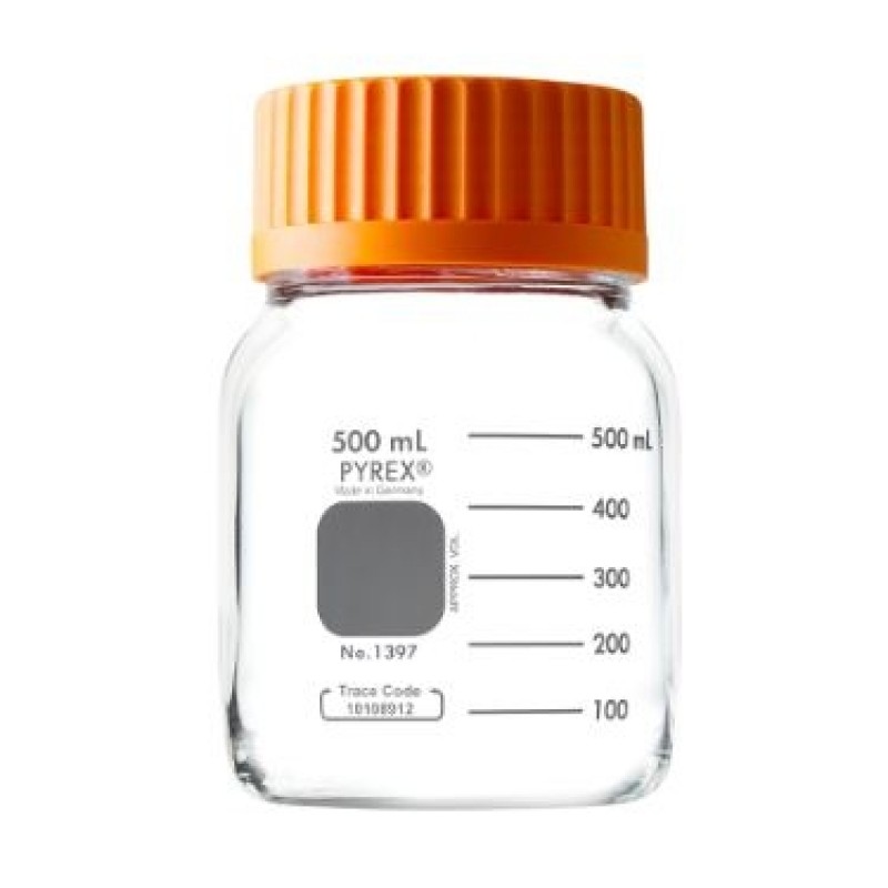 Corning PYREX® 1397-500 Pyrex Borosilicate Glass Cylindrical Wide Mouth Media Storage Bottle with GLS80 Screw Cap