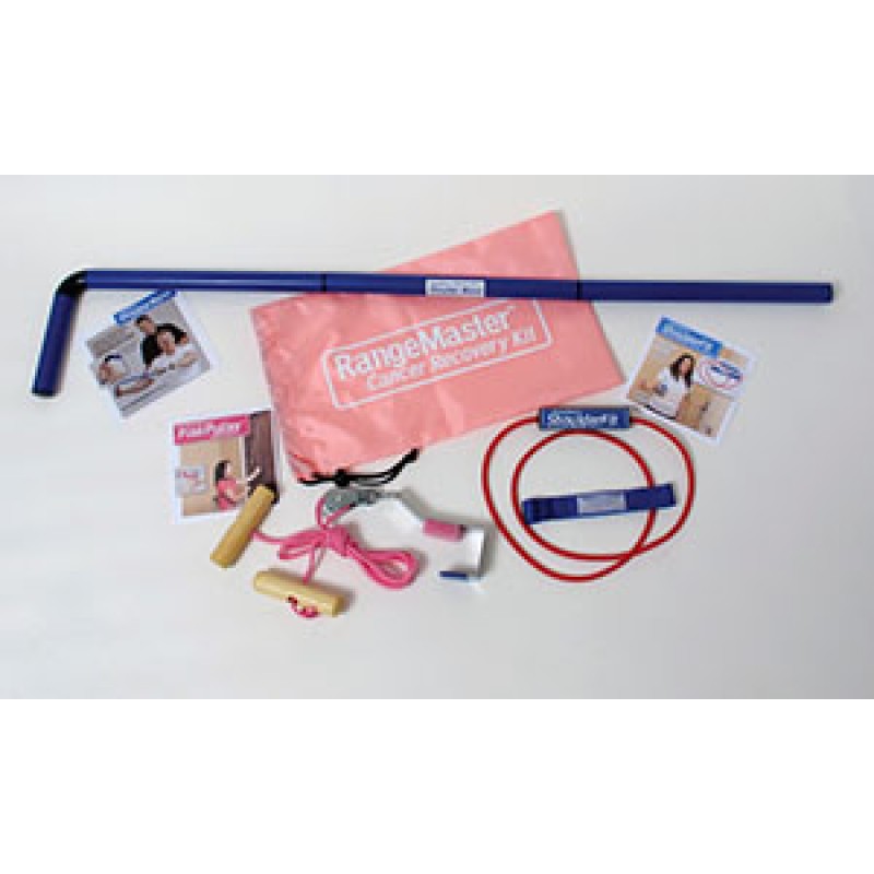 Therapeutic Dimensions, Inc. BCRK Breast Cancer Recovery Kit includes RangeMaster home exercise pulley system with webbing strap; ShoulderFit strength tubing with a plastic Thera-Loop Handle and theThera-Loop webbing door anchor; ShoulderWand stretch