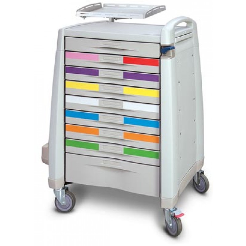 Capsa Healthcare AM10MC-PEDCRASH Standard Cart, 43" H X 24" D X 31" W, PEDCRASH  Break Away Lock, (8) 3" Drawers, (1) 6" Drawers and  Factory Installed Broselow Pediatric Resuscitation Color Label Kit  (DROP SHIP ONLY)
