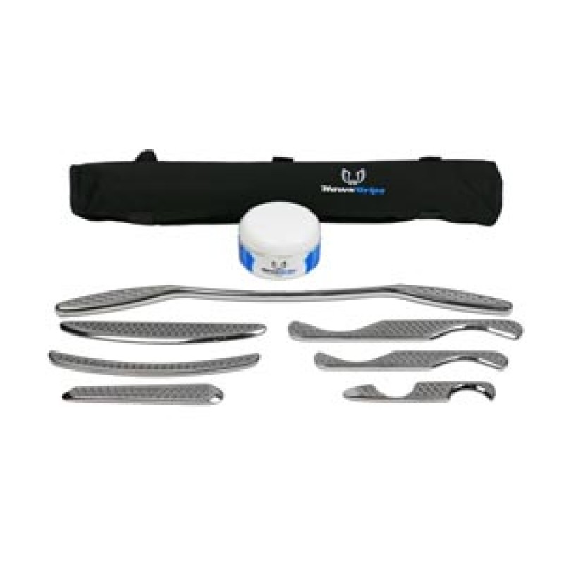 HawkGrips HGG Gold Set. Includes the Medium Handlebar (HG2), all six small instruments (HG4-HG9), one jar of regular emollient, and a User Manual
