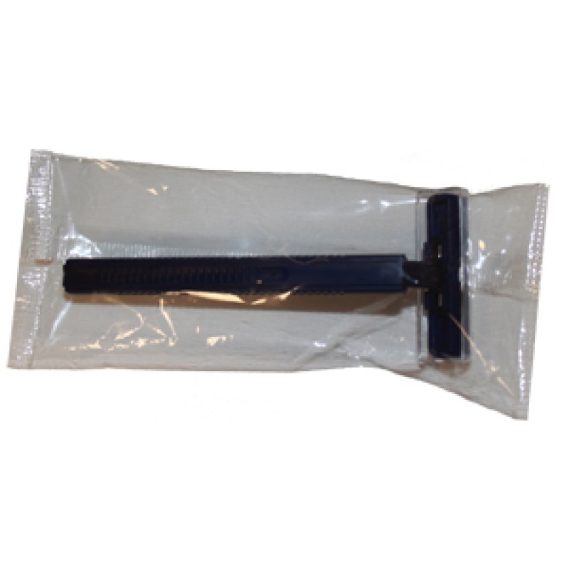 New World Imports RAZ2B Twin Blade Razor, Stainless Steel, Clear Removable Safety Cap, One-Piece Navy Handle, Individually Wrapped in Polybag, 100/bx, 5 bx/cs (28 cs/plt)