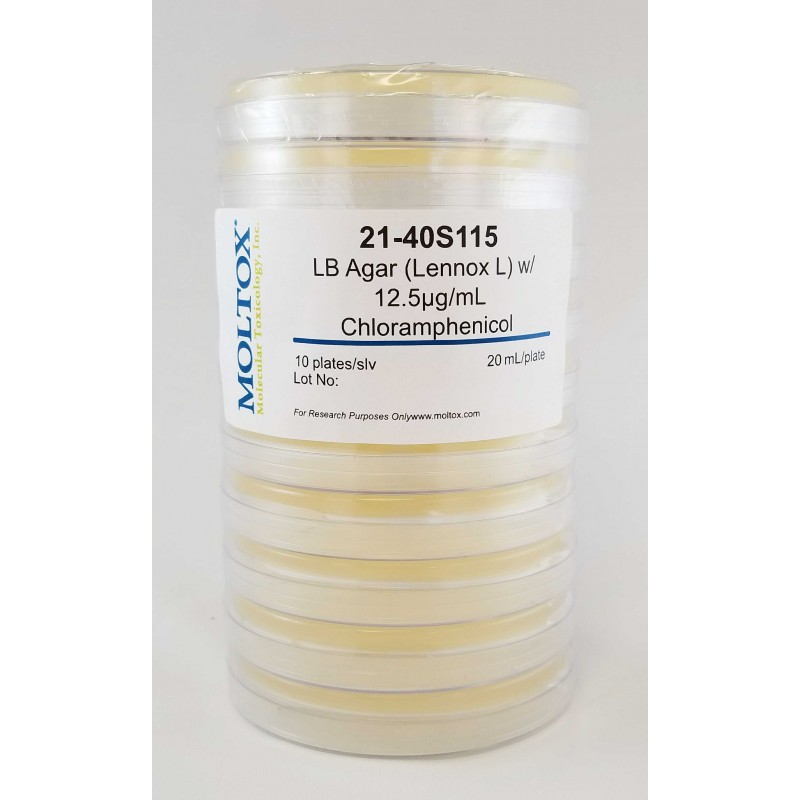 21-40S115, LB Agar w/Chloramphenicol, Plated Agar, 20 ml/plate, Culture Media, Moltox