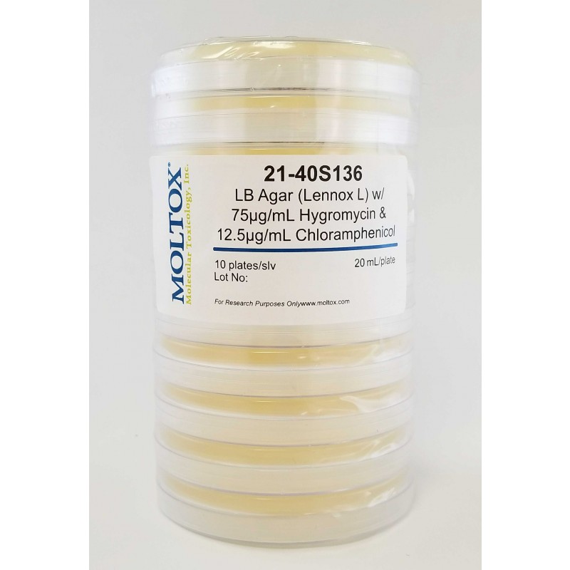 21-40S136, LB Agar w/Hygromycin & Chloram, Plated Agar, 20 ml/plate, Culture Media, Moltox