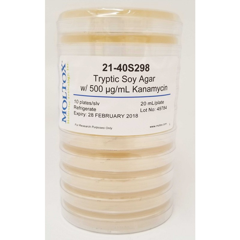 21-40S298, Tryptic Soy Agar, w/0.5 mg Kan, Plated Agar, 20 ml/plate, Culture Media, Moltox