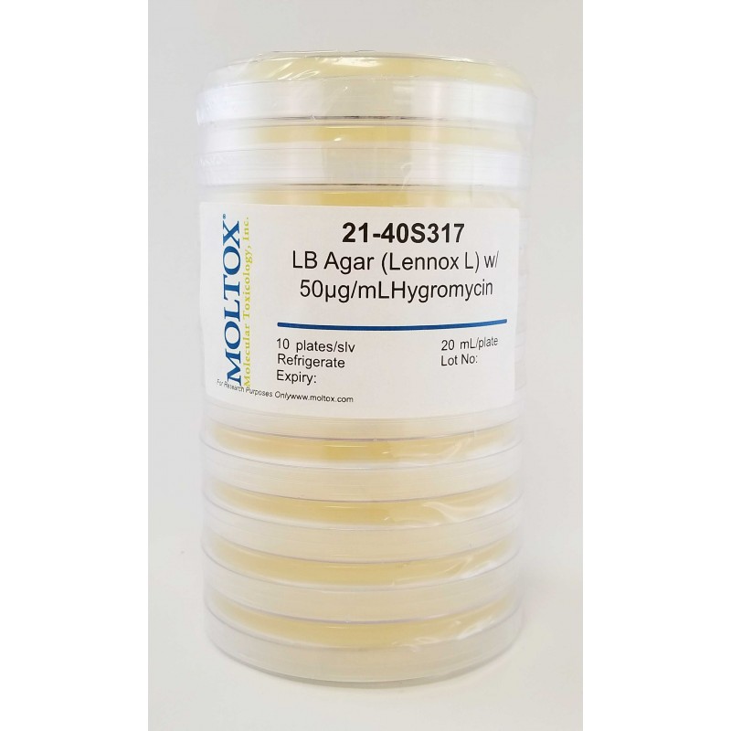 21-40S317, LB Agar w/50ug/ml Hygromycin, Plated Agar, 20 ml/plate, Culture Media, Moltox