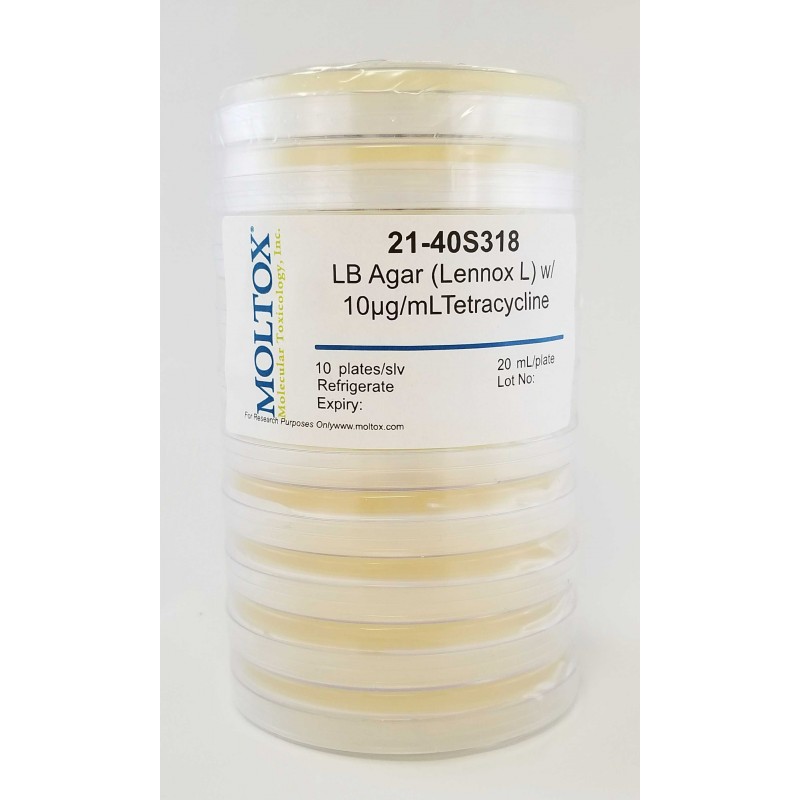 21-40S318, LB Agar w/10ug/ml Tetracycline, Plated Agar, 20 ml/plate, Culture Media, Moltox