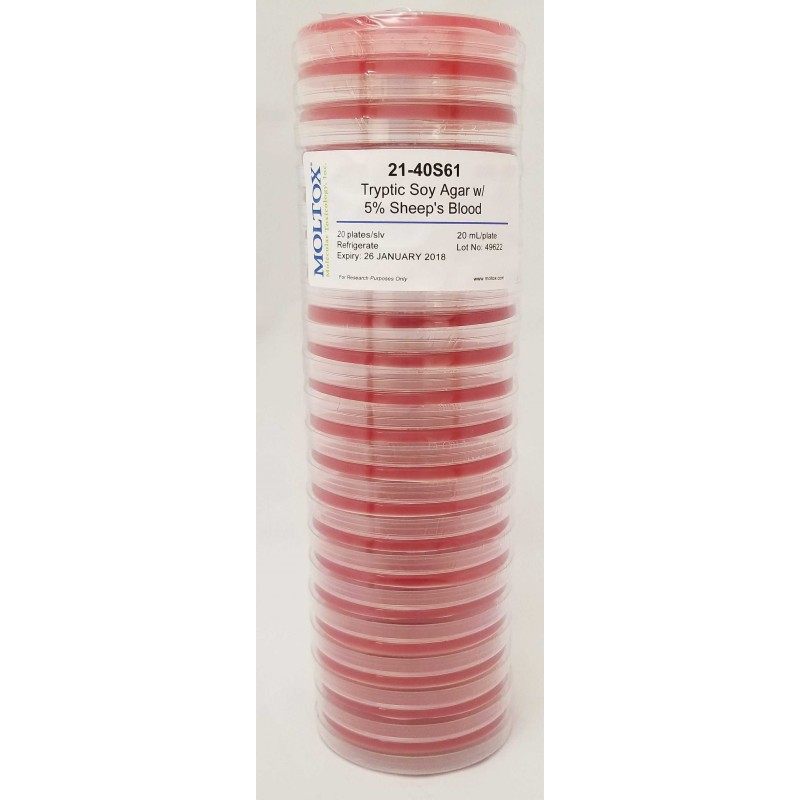 21-40S61, Tryptic Soy Agar w/5% Sheep Bl, Plated Agar, 20 ml/plate, Culture Media, Moltox
