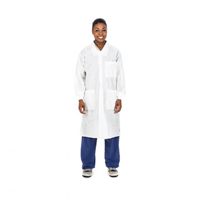 Lab Coat, Disposable, Traditional Collar, Knit Cuff, Knee Length, Snap Closure, Pockets, Blue, 2X-Large, 25/cs (Continental US Only)