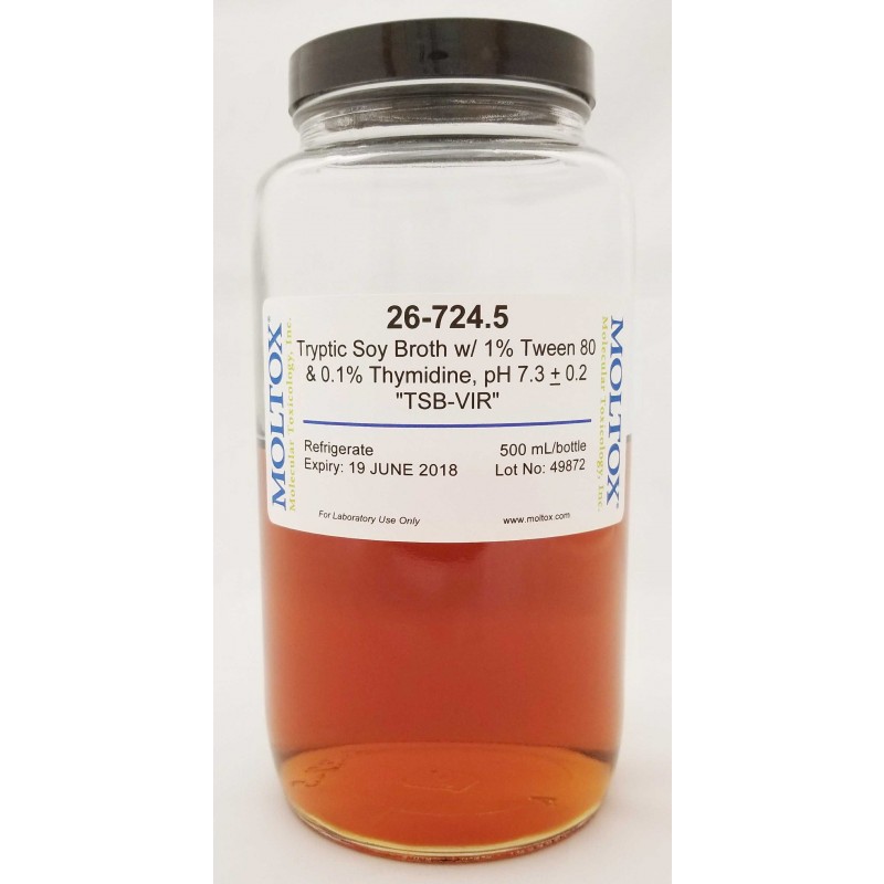 26-724.5, TSB w/Tween 80 & Thymidine, Broth, 500 ml, Culture Media, Moltox