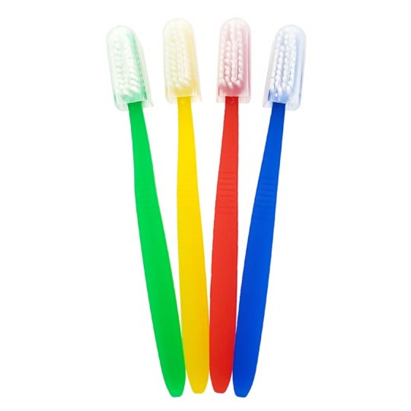 New World Imports TBMC-CAP Freshmint® Toothbrush with Cap, 7" x 5", Assorted Colors: Blue, Yellow, Red and Green, Plastic Handle, Nylon Bristles, Individually Wrapped, 250/bx, 4 bx/cs