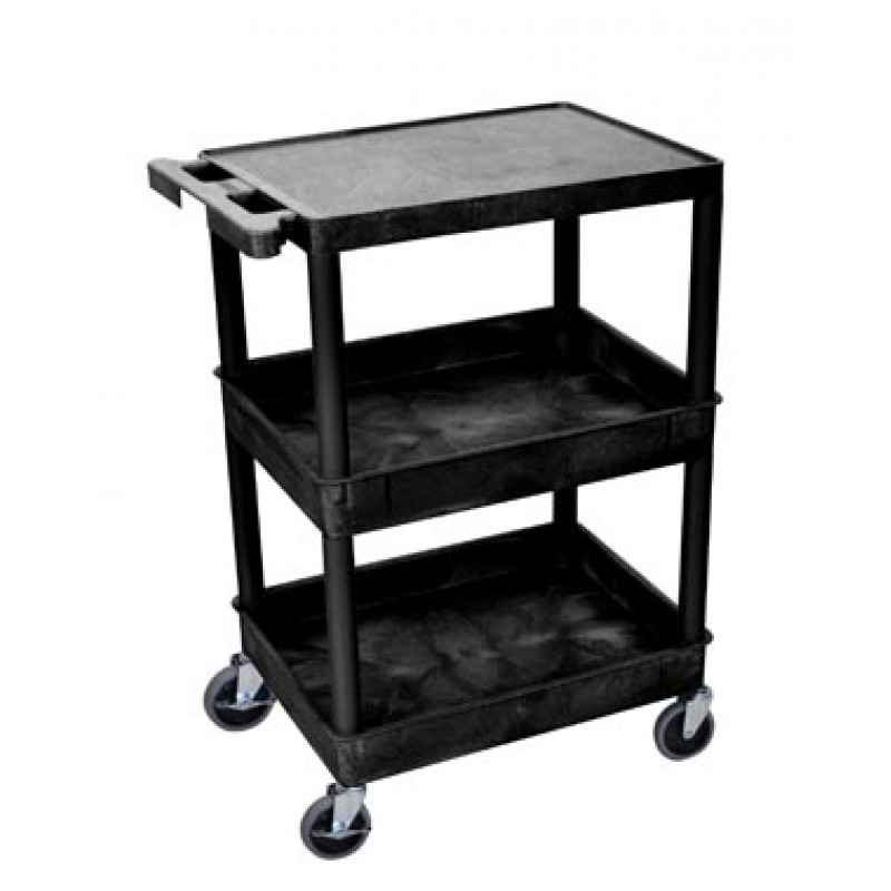 Luxor STC211-B Utility Cart, Flat Top, Middle/Bottom Tub Shelves (2.75" Deep each), Black, 24"W x 18"D x 36.5"H, with (4) 4" Heavy Duty Casters (2 with Locking Brakes), Maximum Weight Capacity 300lbs, Assembly Required (DROP SHIP ONLY)