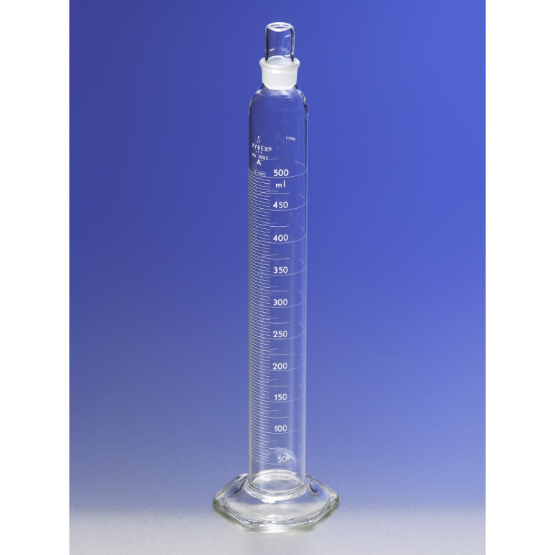Corning 3002-50 PYREX® 50 mL Single Metric Scale Cylinders, Serialized/Certified Class A, Standard Taper Stopper, White Graduations, TC