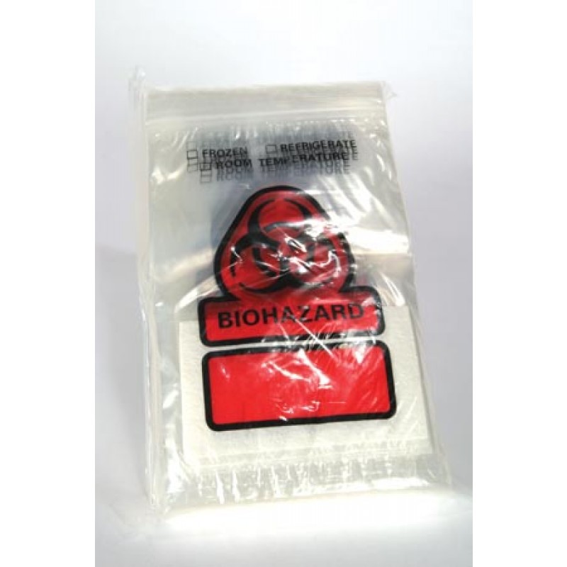 RD Plastics Co. B100 Biohazard Bag, 6" x 9", Closure Flap, 3" x 5" Absorbent Insert Pad, 500/cs