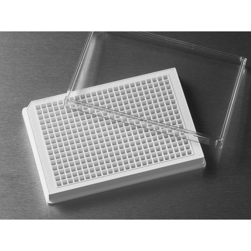 Corning 3570BC Corning® 384-well Low Flange White Flat Bottom Polystyrene TC-treated Microplates, with Bar Code,10 per Bag, with Lid, Sterile