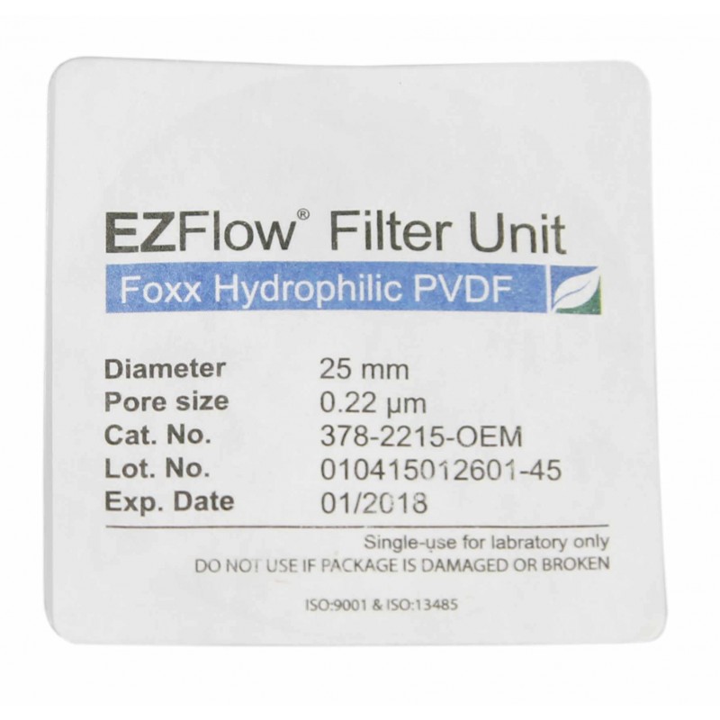 378-2215-OEM EZFlow®  Syringe Filter, 0.22µm Hydrophilic PVDF, 25mm, Sterile, 100/pack, Foxx Life Sciences