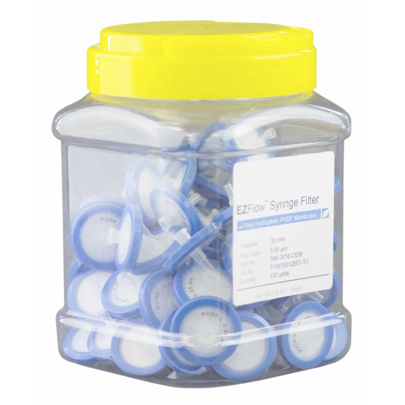 388-3416-OEM EZFlow®  Syringe Filter-Sample Prep, 0.45µm Hydrophilic PVDF, 33mm, 100/pack, Foxx Life Sciences