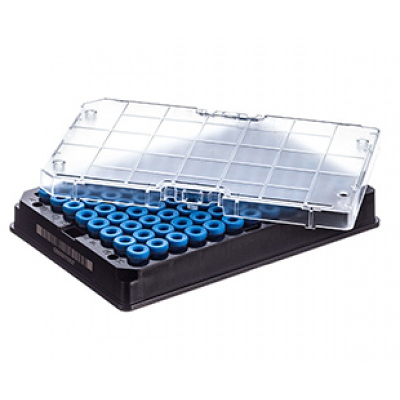 Rack with 96 blue-capped 300µl Cryo.s, Datamatrix barcode (generic 2D sequence), sterile