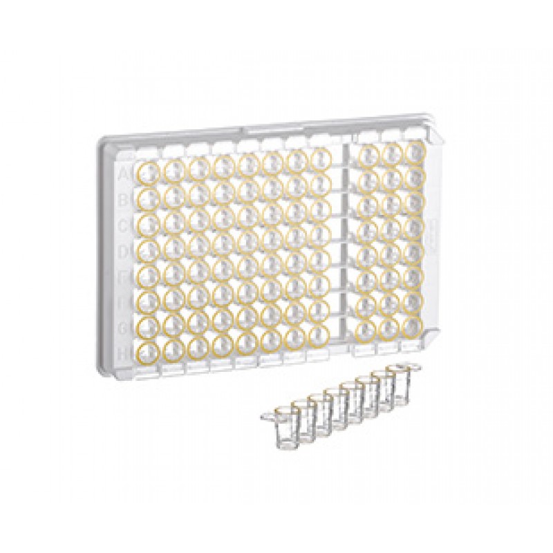 96W C8 Single-break MICROLON® 600 Strip Plate, PS, High Binding, 1x8 Break-Apart C-Bottom (Flat w/curved edge) Strips, Clear Wells w/Yellow Rim