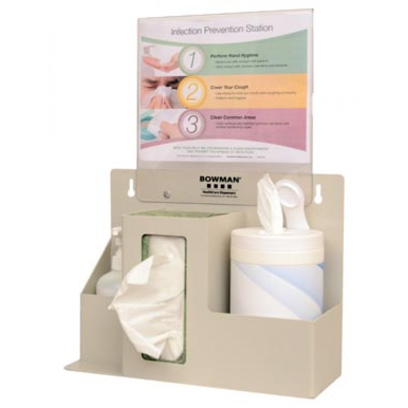 Bowman Manufacturing Company, Inc. ED-097 Infection Prevention Organizer, Holds (1-2) Boxes of Tissue or (1) Box of Gloves, (1) Hand Sanitizer Bottle & a Variety of Sizes of Wet Wipe Canisters, 11"W x 8½"H Sign Holder (MP-075) Included, Optional Floor Sta