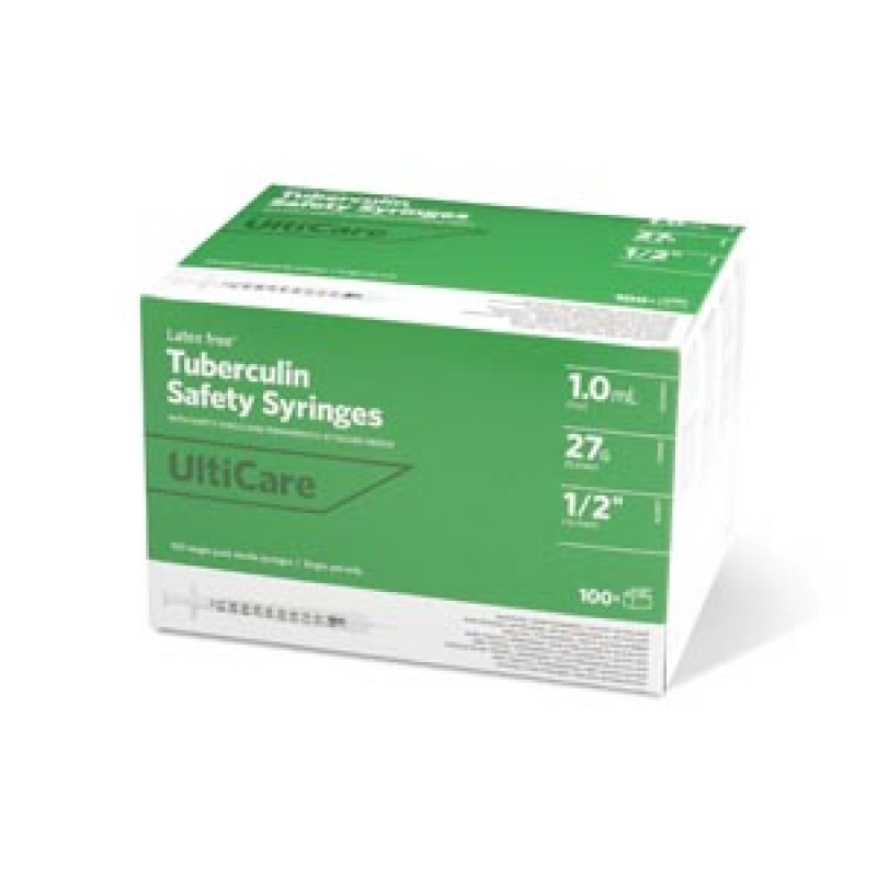 UltiMed, Inc. 63001 Safety Syringe, Fixed Needle, Tuberculin, 1mL, 27G x ½", 100/bx