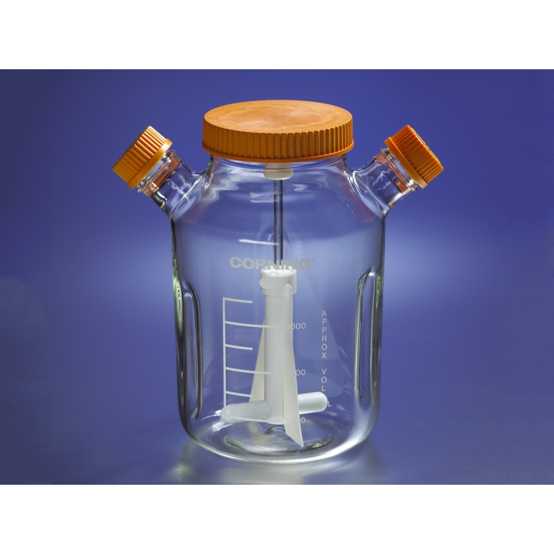 Corning 4502-3L 3L Corning® Reusable Glass Spinner Flask with 120 mm Flat Center Cap and 2 Angled Sidearms