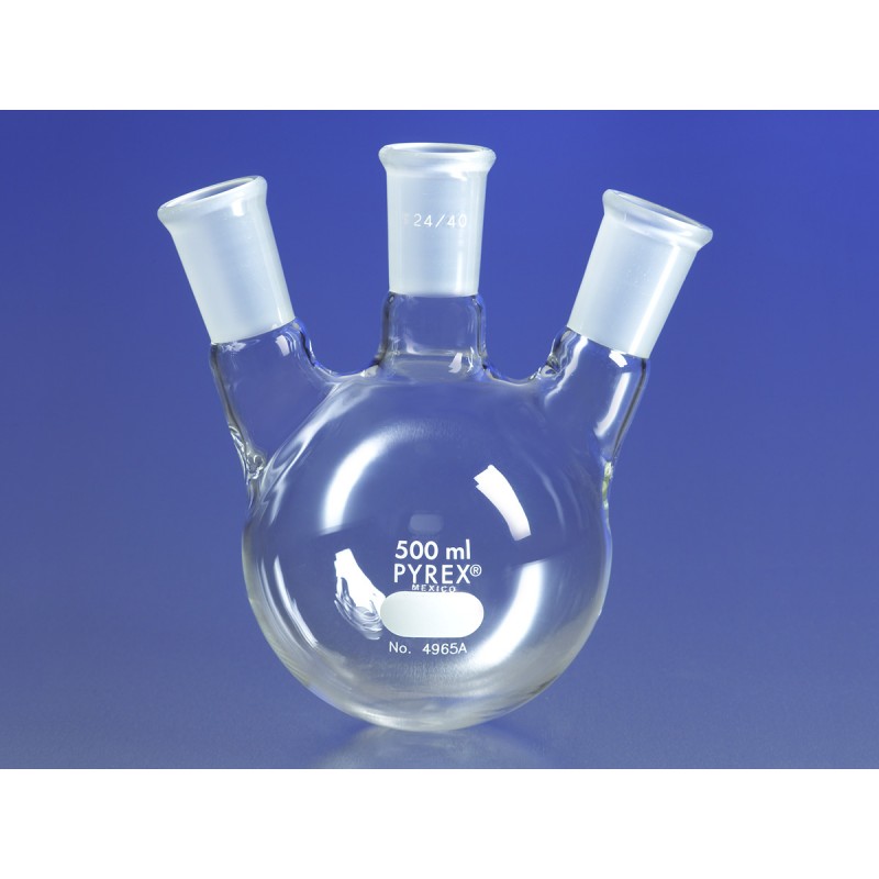 Corning 4965A-1L PYREX® 1L Three Neck Distilling Flask with 24/40 Center Vertical and Side Angled Neck Standard Taper Joints