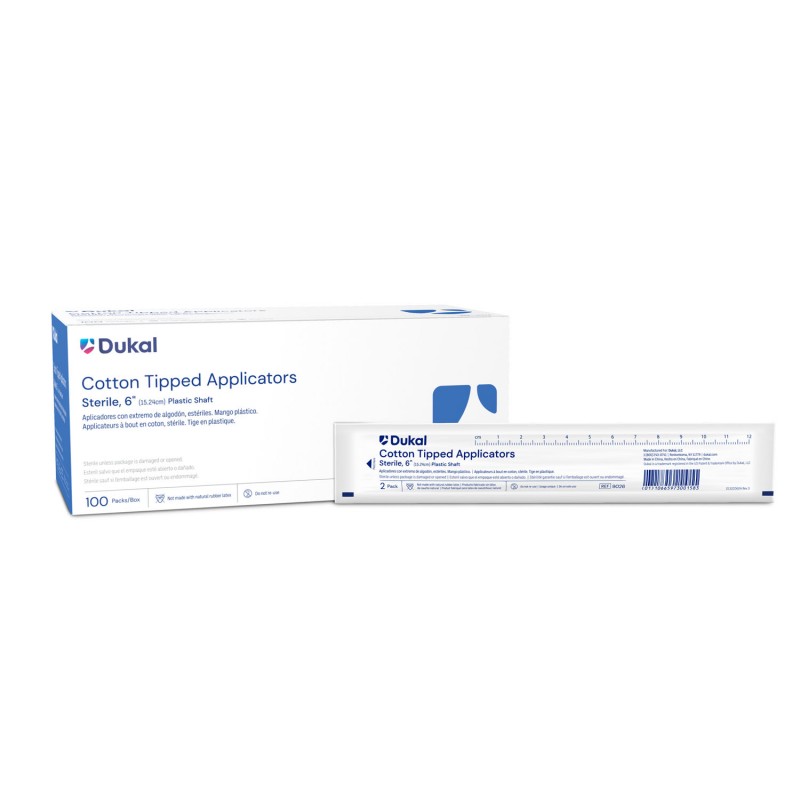 Dukal Corporation 9026 Applicator, 6" Plastic Shaft Cotton-Tipped, Sterile, 2/pk, 100 pk/bx, 10 bx/cs