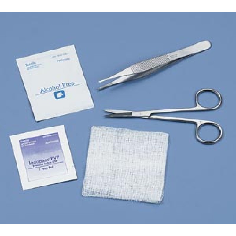 Busse Hospital Disposables, Inc. 723 Suture Removal Kit Contains: 1 Iris Scissors, Straight, 4½"; 1 Adson Serrated Forceps, 4¾"; 1 Large Alcohol Prep Pad; 1 Iodophor PVP Prep Pad; 1 3" x 3" 12-ply Gauze Dressing, Sterile, 50/cs (90 cs/plt) (US Only)