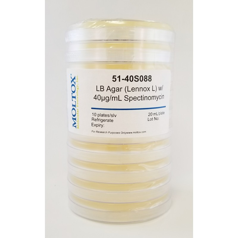 51-40S088, LB Agar w/40ug/mlSpectinomycin, Plated Agar, 20 ml/plate, Culture Media, Moltox