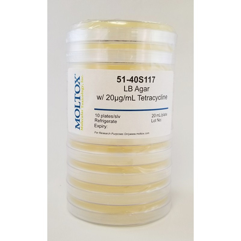 51-40S117, LB Agar Plates w/20ug/ml Tet, Plated Agar, 20 ml/plate, Culture Media, Moltox