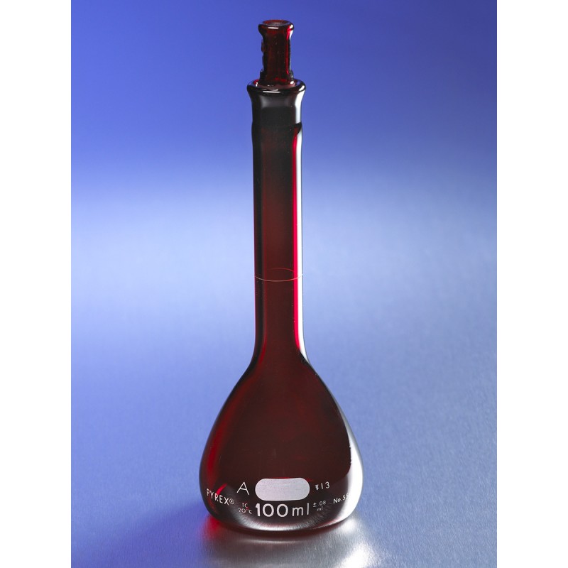 Corning 55635-250 PYREX® 250 mL EZ Access™ Low Actinic Wide Mouth Volumetric Flask, Class A, Heavy Duty, with Glass Standard Taper Stopper