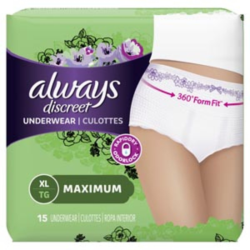 Procter & Gamble Distributing LLC 3700088761 Always Discreet Pads, XL Maximum, 1X, 15/pk, 3 pk/cs