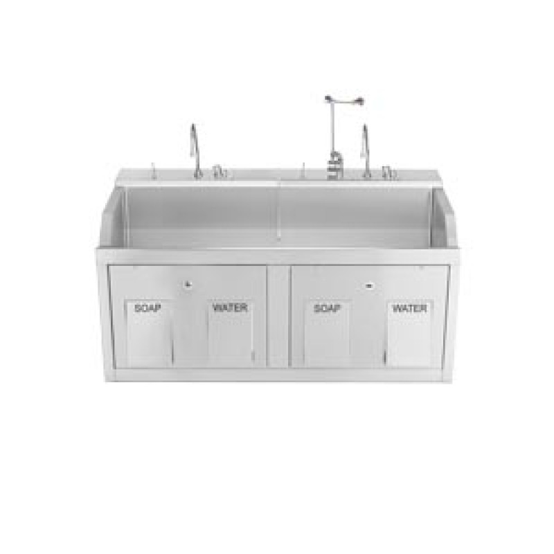 Blickman Industries 1339882WED Lodi Scrub Sink, (2) Place, Wall Mounted, Knee Action Control, Soap Dispenser, Infrared Water Control, Eyewash, Digital Timer (DROP SHIP ONLY)