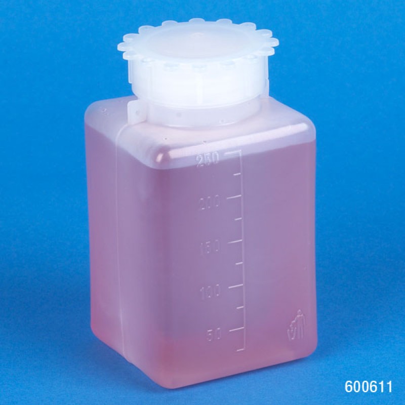 600611 Globe Scientific Square, Wide Mouth Polyethylene 250 mL Bottle, with Polypropylene Screwcap, Molded Graduations (Case of 50)