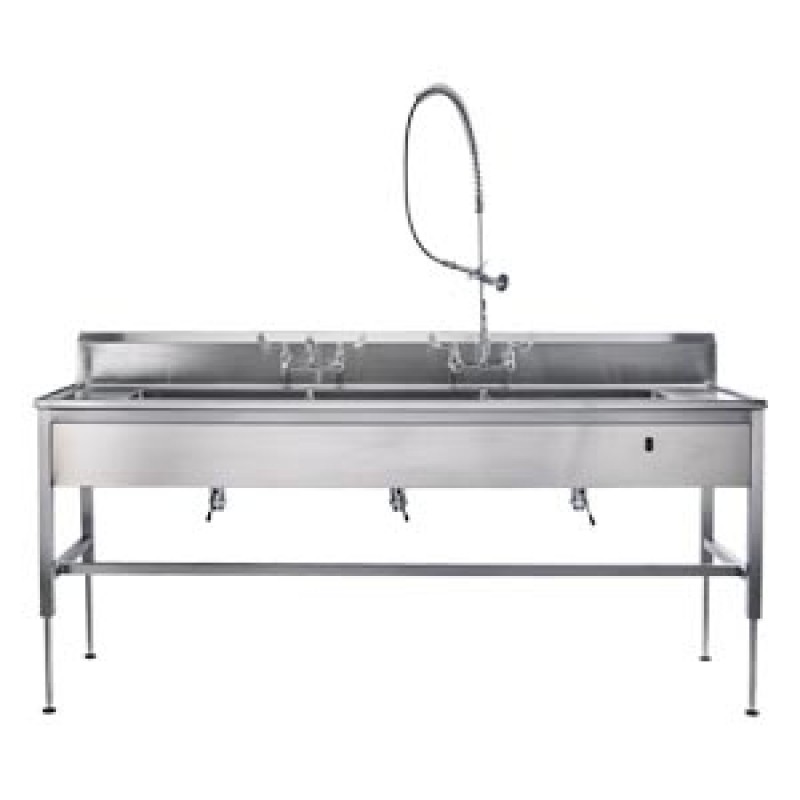 Blickman Industries 162DSHY017 Decontamination Station 116"W x 26 1/2"D, Hydraulic Lift, (8") Backsplash, (3) 25"W x 18"H x 10"D Bowls, (3) Waste Lever Drains, Bowls Etched w/Gallon & Liter Measures (DROP SHIP ONLY)