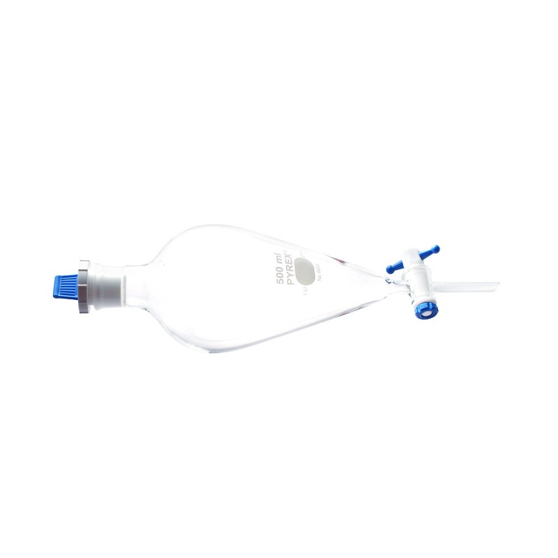 Corning 6404-500 PYREX® 500 mL Pear-Shaped Squibb Separatory Funnel, PTFE Product Standard Stopcock, Polyethylene Standard Taper Stopper