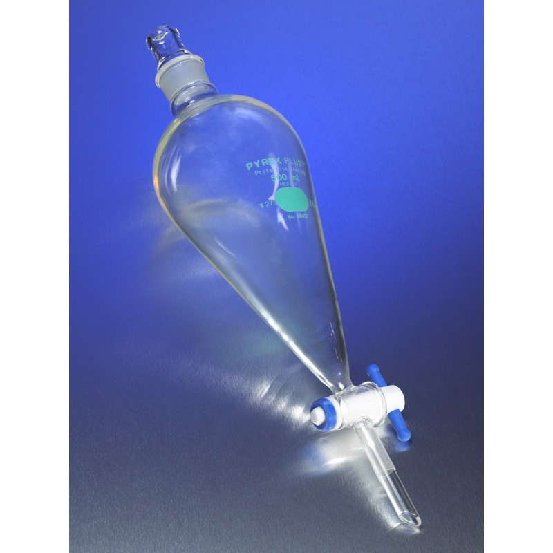 Corning 66402-125 PYREXPLUS® Coated 125 mL Squibb Separatory Funnel, PTFE Product Standard Stopcock, Glass Standard Taper Stopper
