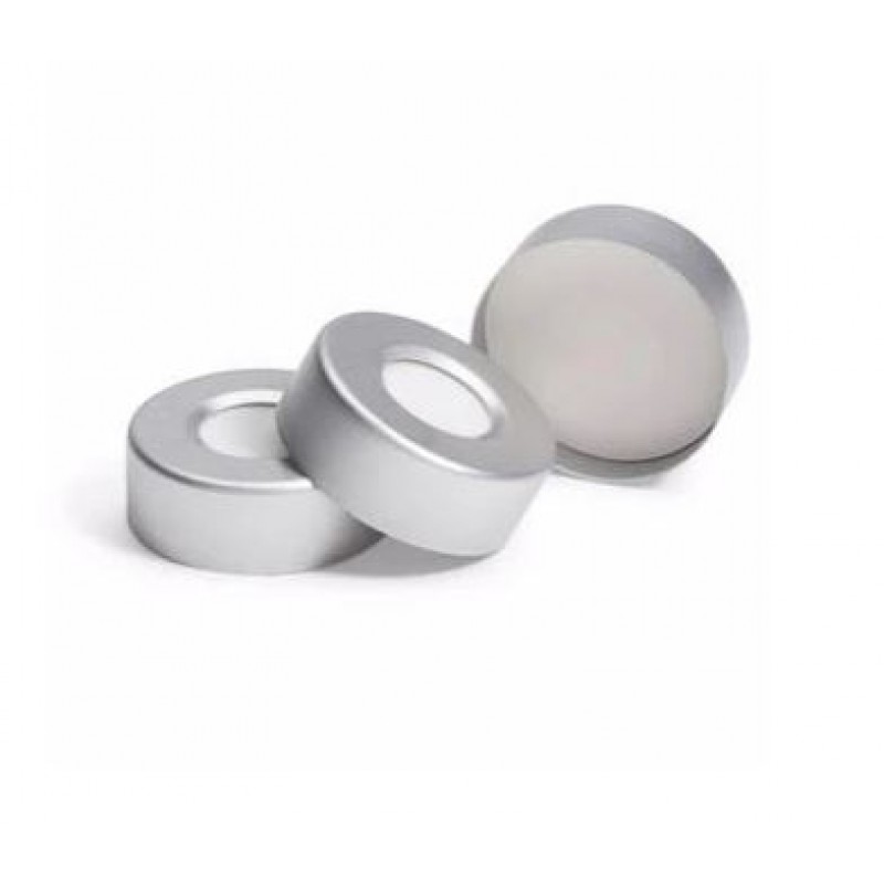 Magnetic crimp caps 702929, N 20, Closures N20 crimp, magnetic, silver, hole, Silicone/PTFE, bl transp./colorl., 3.0 mm