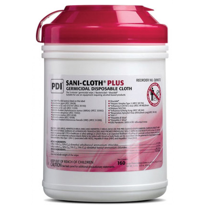 PDI - Professional Disposables, Intl. Q89072 Plus Germicidal Disposable Cloth, Large 6" x 6¾", 160/canister, 12 canisters/cs (30 cs/plt) (020370) (US Only) (Item is considered HAZMAT and cannot ship via Air or to AK, GU, HI, PR, VI) (Products cannot be so