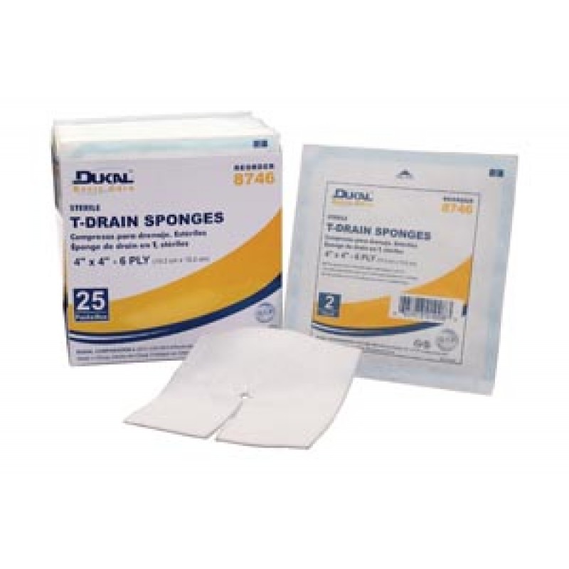 Dukal Corporation 8746 T-Drain Sponge, 4" x 4", Sterile, 2/pk, 25 pk/bx, 12 bx/cs