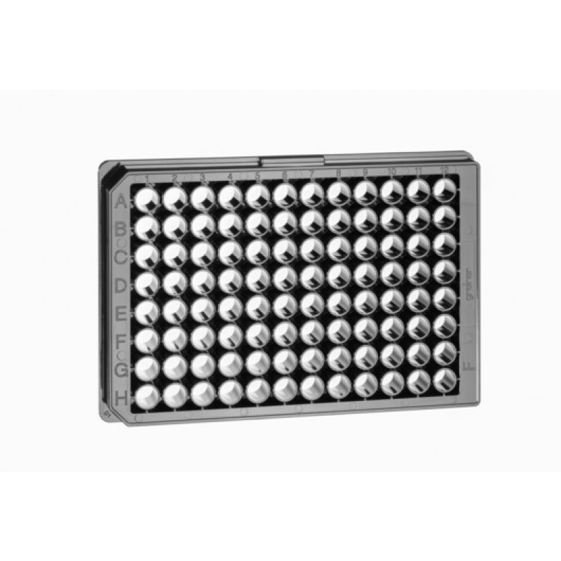 96W FLUOTRAC™™ 600 Plate, PS, High Binding, Flat Bottom, Chimney Style, Black µClear®