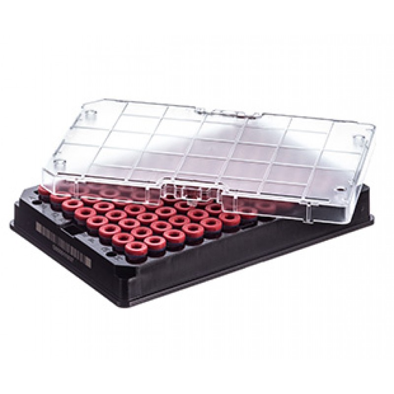 Rack with 96 red-capped 300µl Cryo.s, Datamatrix barcode (generic 2D sequence), sterile