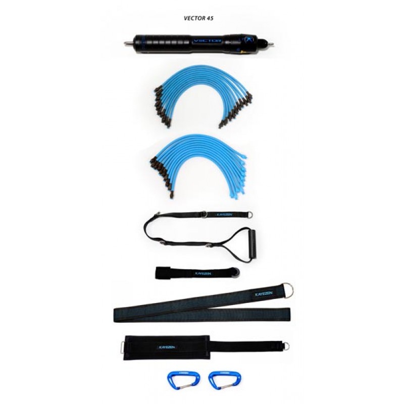 Kayezen LLC RQX-V45RSSK VECTOR 45 Resistance System Solo Kit: 1 VECTOR 45 Unit, w/ 10 Lt + 10 Hvy Tubes, 1 Door Anchor, 1 Long Handle, 1 Long Torso Strap, 1 Thigh Strap, 2 Carabiners, Free Kayezen VECTOR Exercise APP (Cannot be sold through any site ie Am